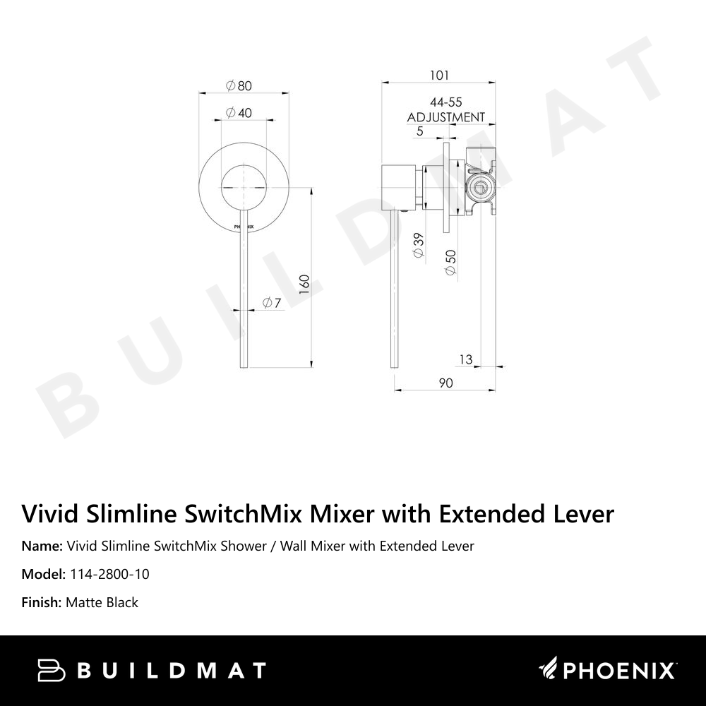 Vivid Slimline Shower / Wall Mixer with Extended Lever Matte Black