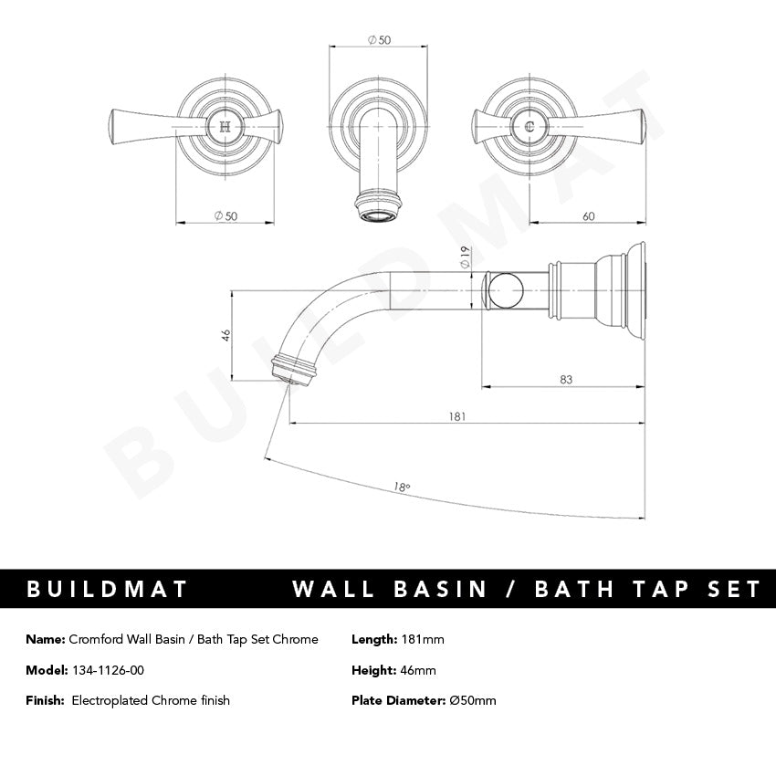 Cromford Wall Basin / Bath Tap Set Chrome