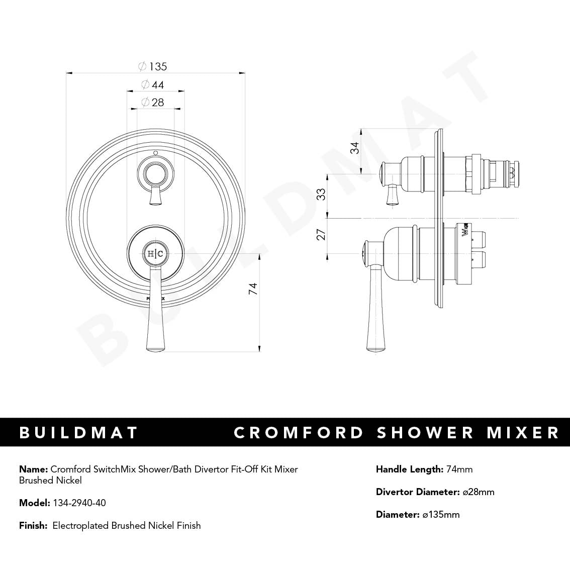 Cromford SwitchMix Shower/Bath Divertor Mixer Fit-Off Kit Brushed Nickel