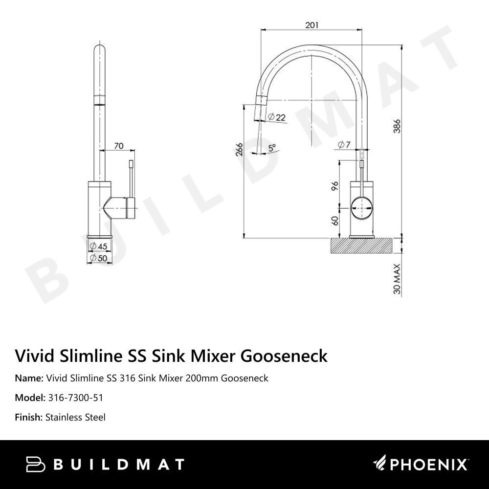 Vivid Slimline SS 316 Sink Mixer 200mm Gooseneck Stainless Steel