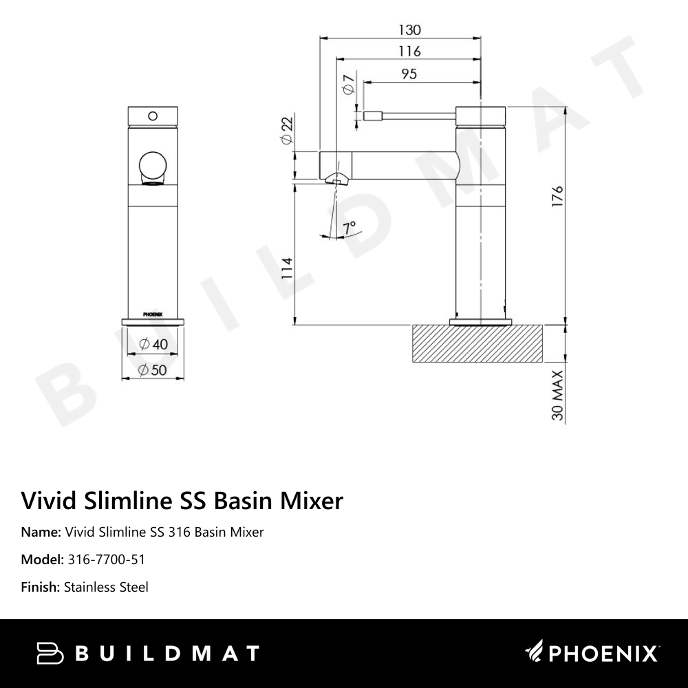 Vivid Slimline SS 316 Basin Mixer Stainless Steel