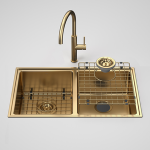 Urbane II  Double Bowl Sink with Liano II Sink Mixer Brushed Brass - Brushed Brass