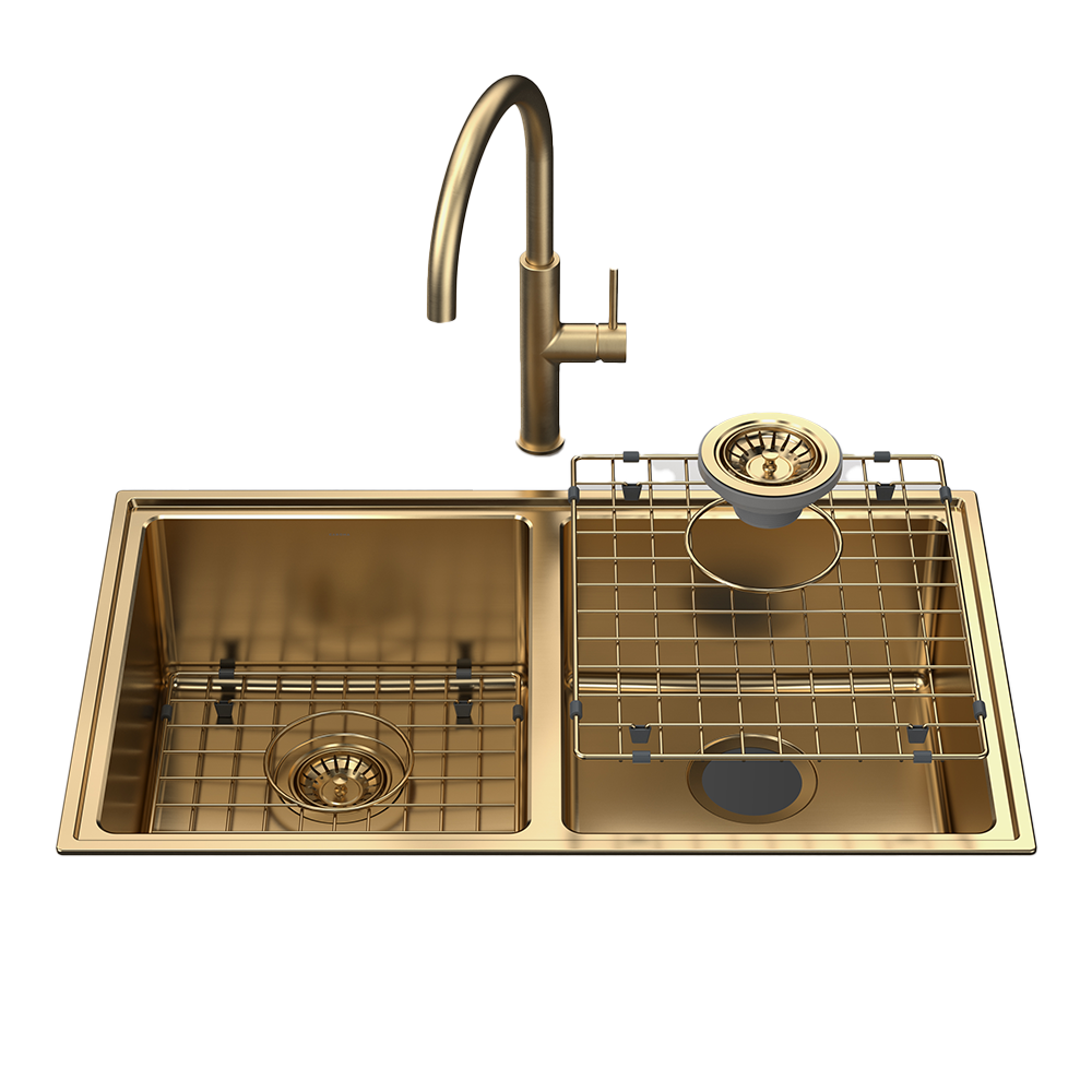 Urbane II Double Bowl Sink with Liano II Sink Mixer Brushed Brass