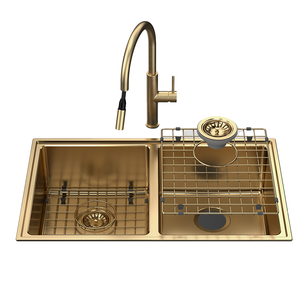 Urbane II Double Bowl Sink with Liano II Pull Out Sink Mixer Brushed Brass