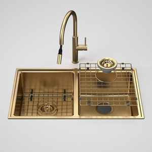Urbane II Double Bowl Sink with Liano II Pull Out Sink Mixer Brushed Brass - Brushed Brass