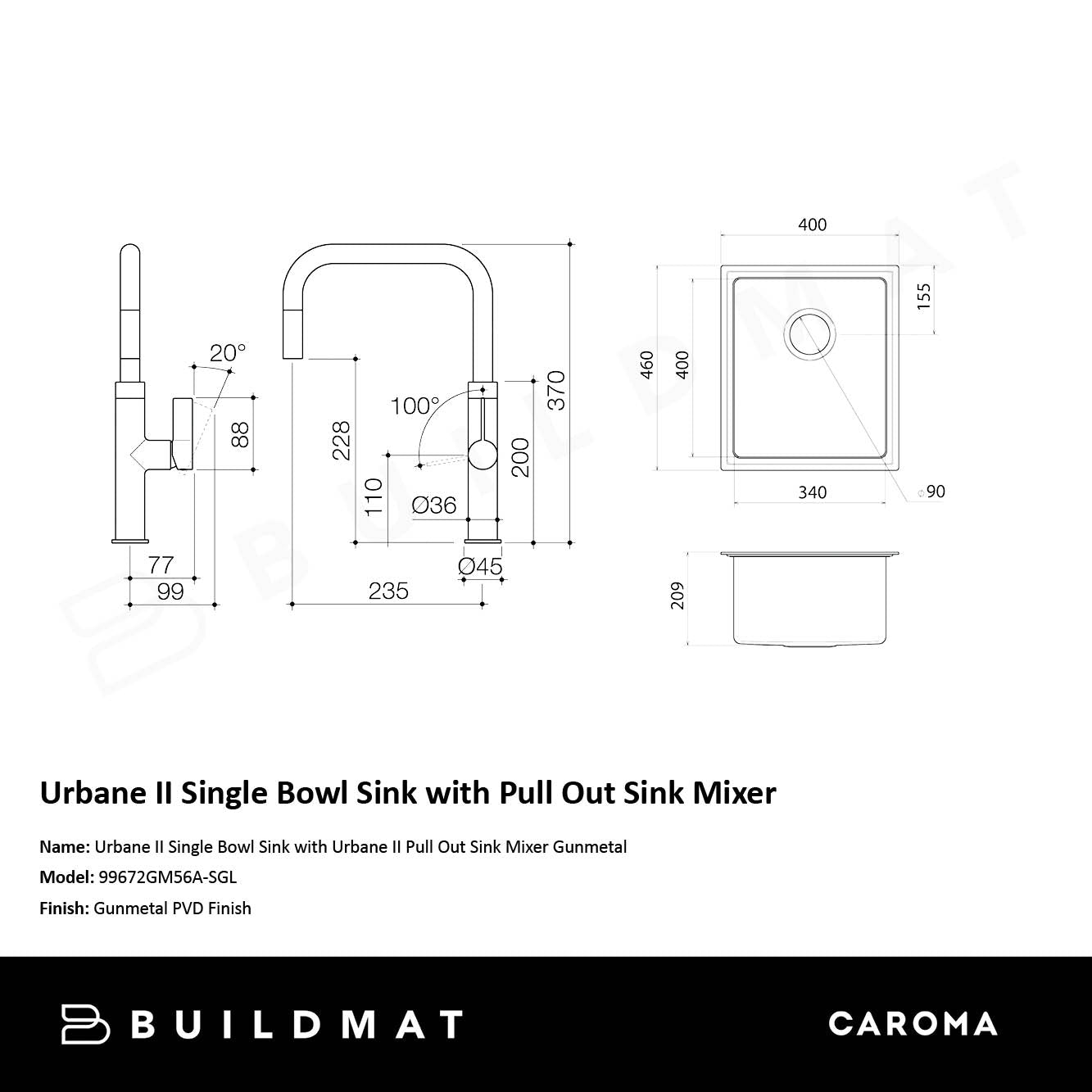 Urbane II Single Bowl Sink with Urbane II Pull Out Sink Mixer Gunmetal