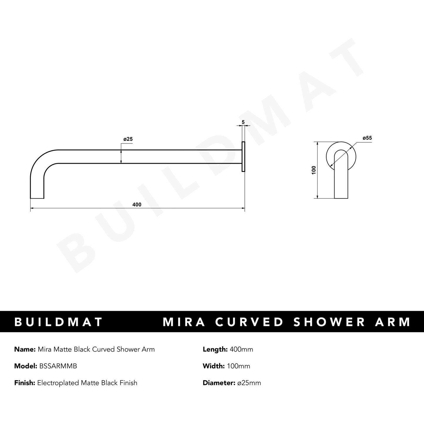 Mira Matte Black Curved Shower Arm