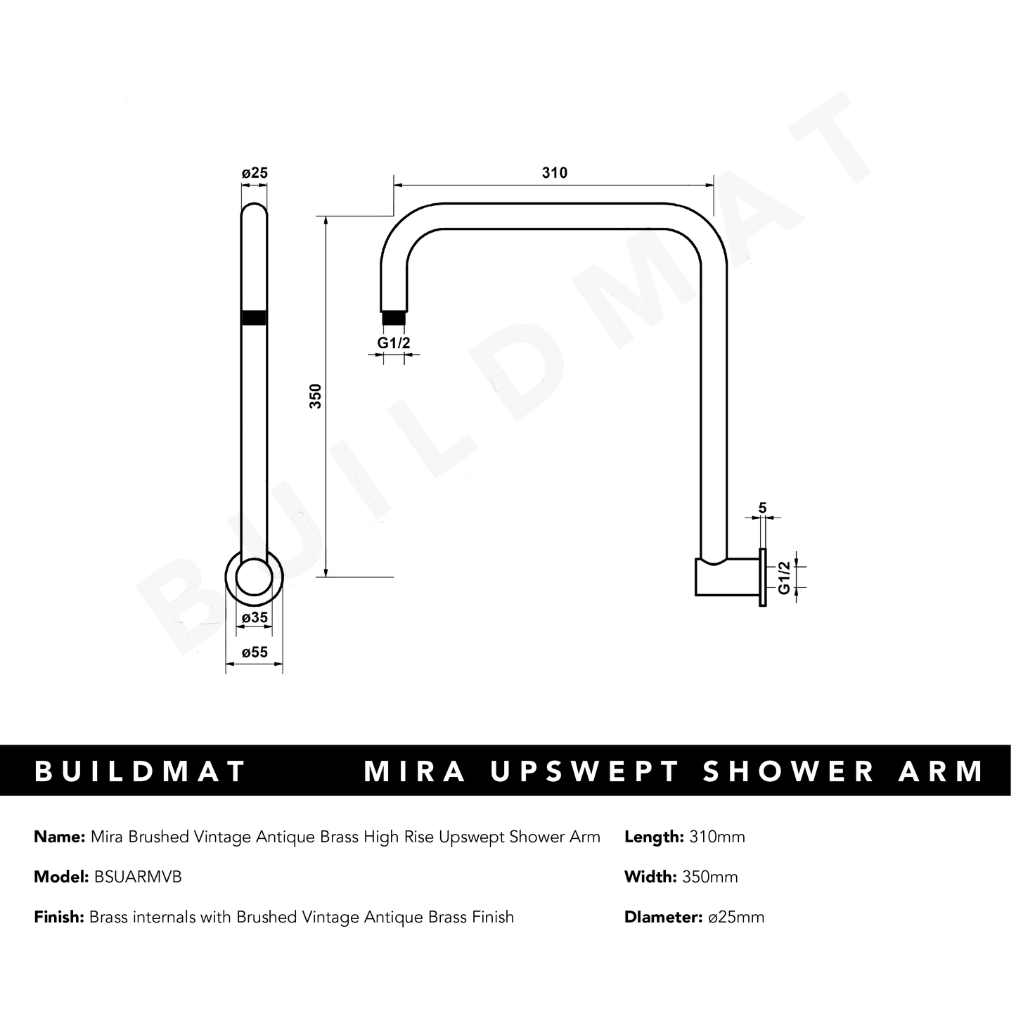 Mira Brushed Vintage Antique Brass High Rise Upswept Shower Arm