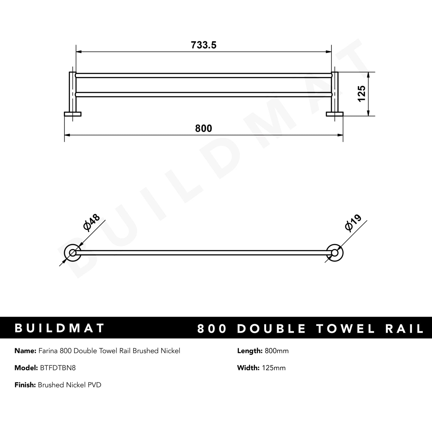 Farina 800 Double Towel Rail Brushed Nickel
