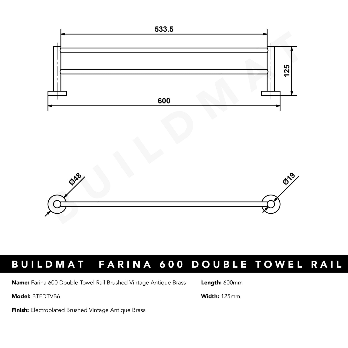 Farina 600 Double Towel Rail Brushed Vintage Antique Brass