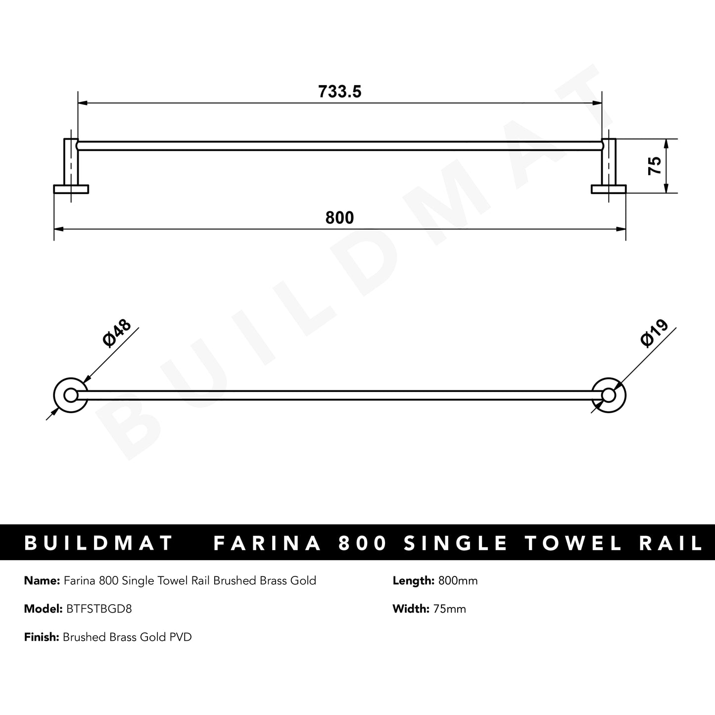 Farina 800 Single Towel Rail Brushed Brass Gold