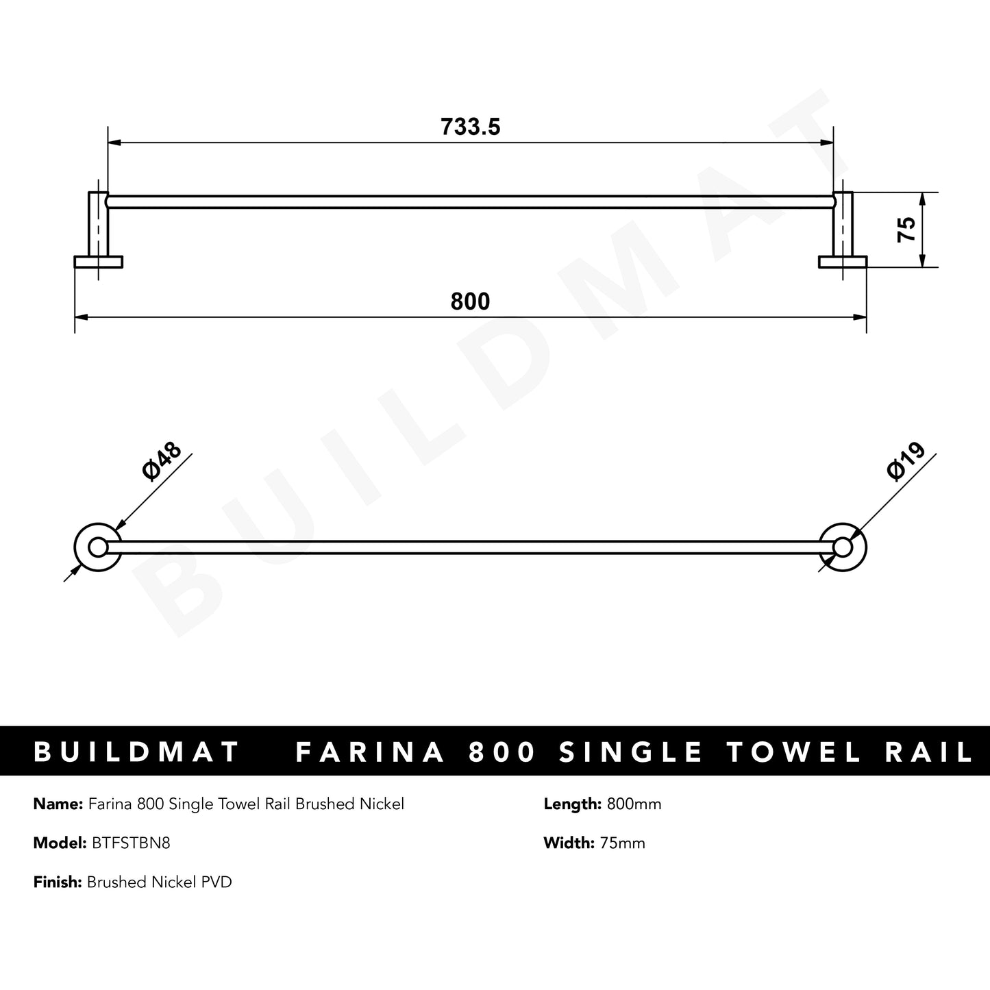 Farina 800 Single Towel Rail Brushed Nickel