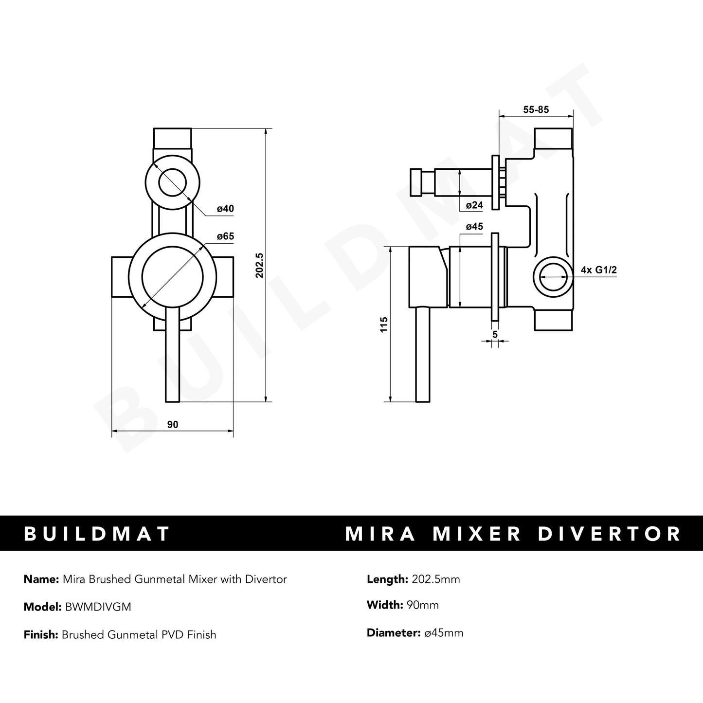Mira Brushed Gunmetal Wall Mixer with divertor