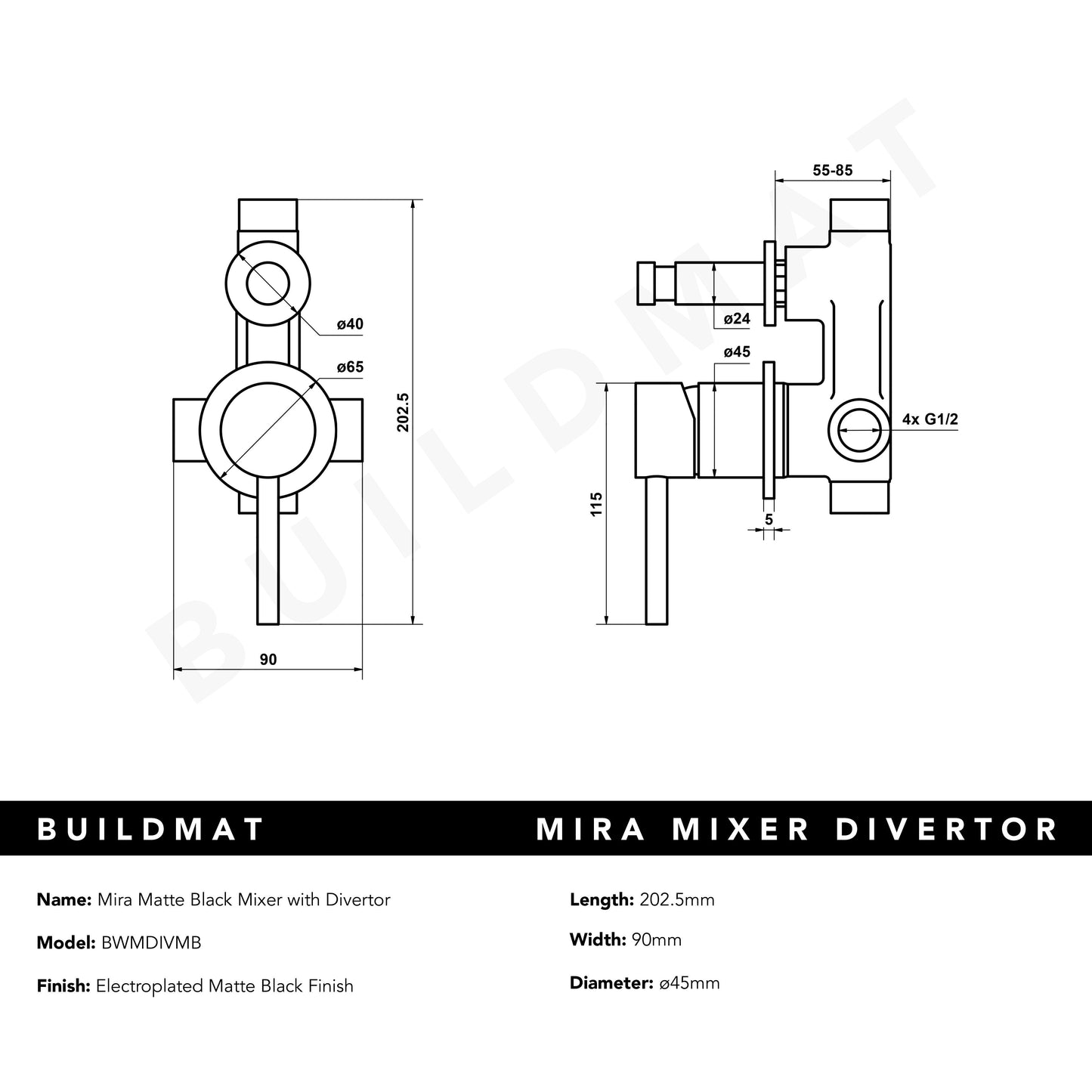 Mira Matte Black Wall Mixer with divertor