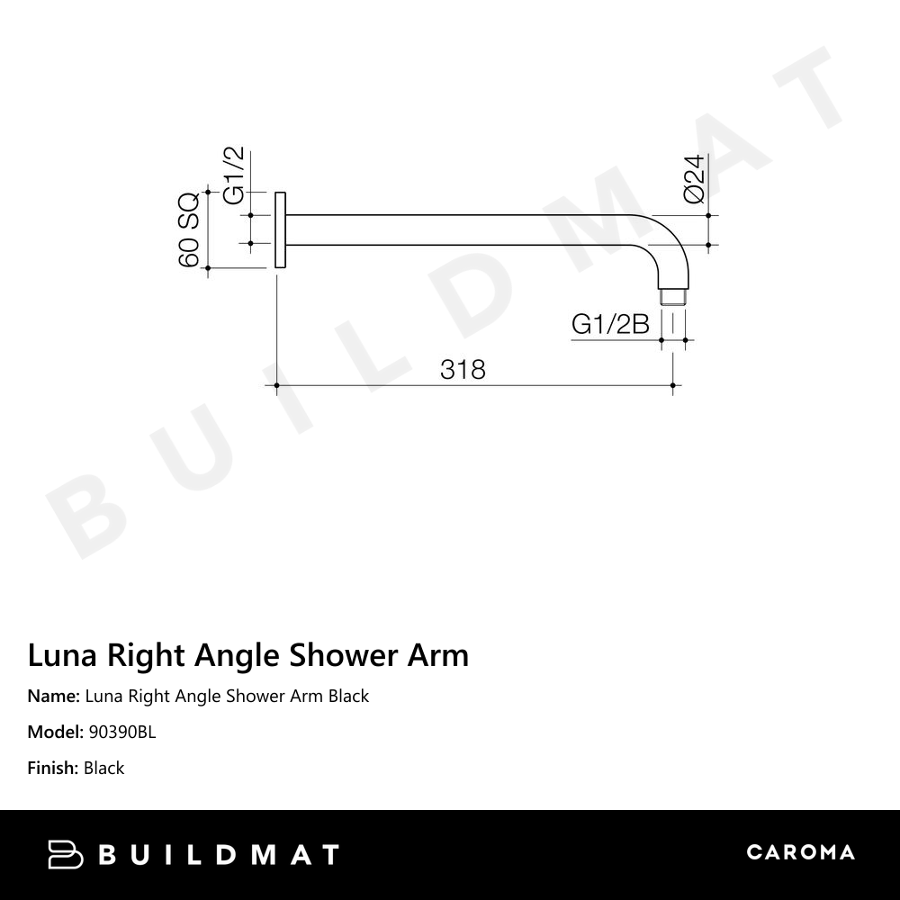 Luna Right Angle Shower Arm Black