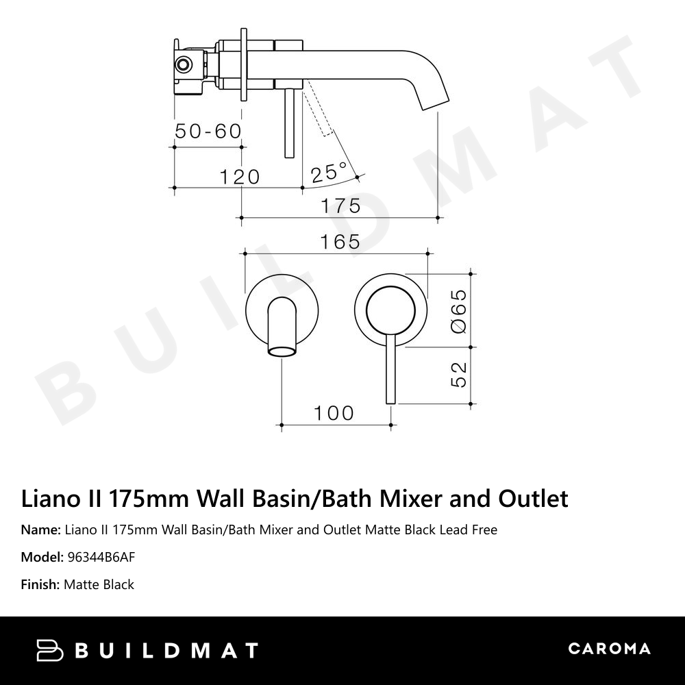 Liano II 175mm Wall Basin/Bath Mixer and Outlet Matte Black Lead Free
