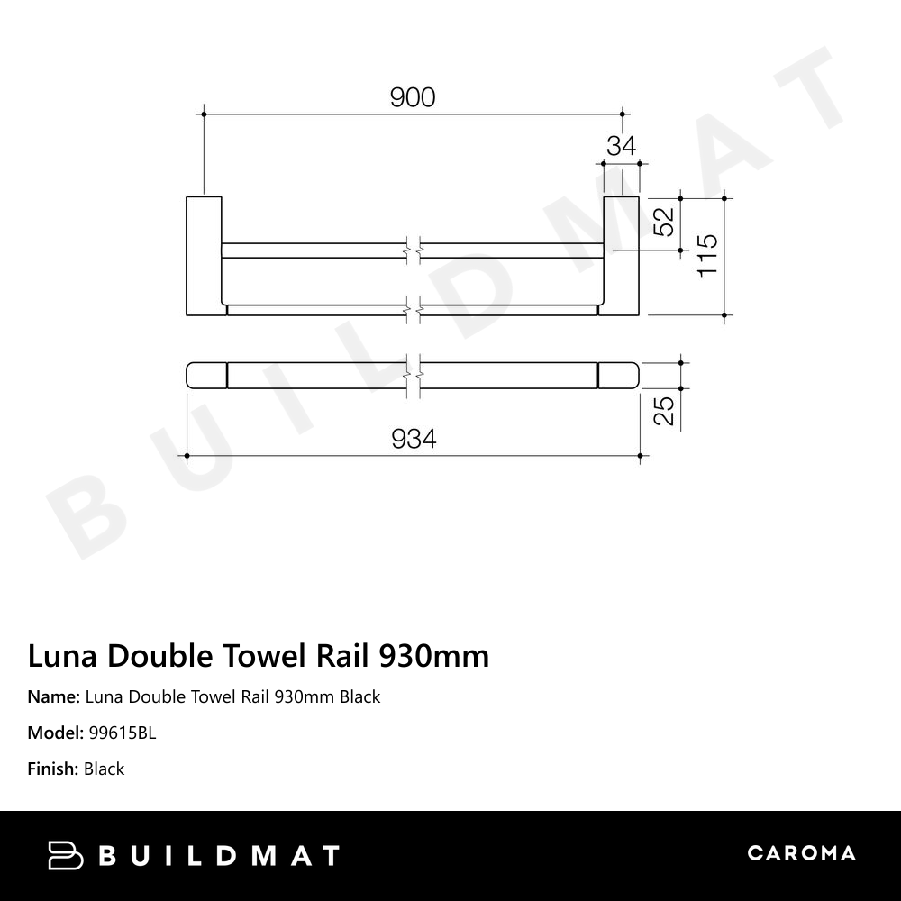 Luna Double Towel Rail 930mm Black
