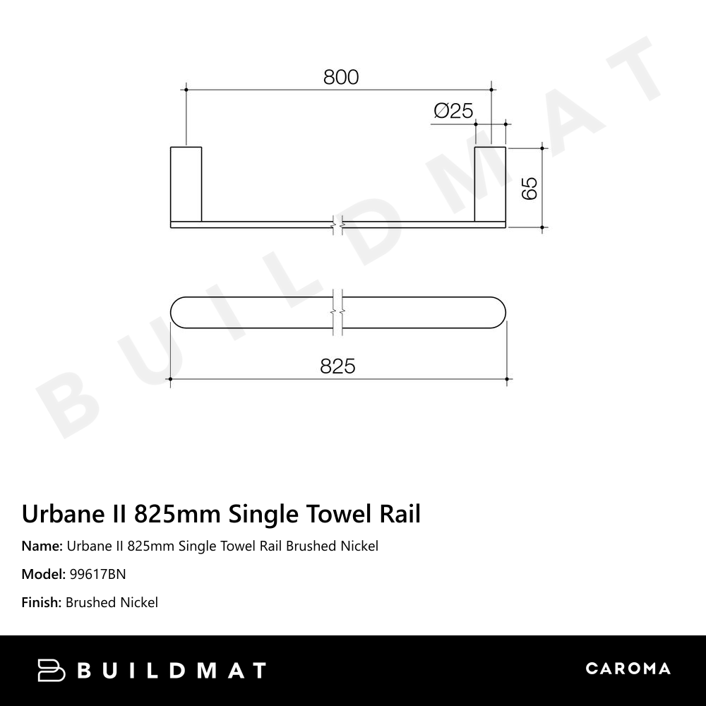 Urbane II 825mm Single Towel Rail Brushed Nickel