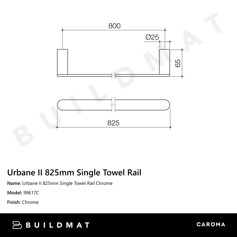 Urbane II 825mm Single Towel Rail Chrome