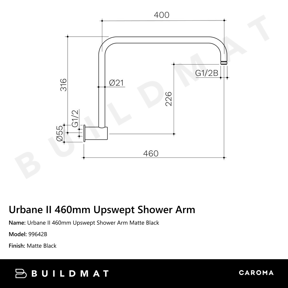 Urbane II 460mm Upswept Shower Arm Matte Black