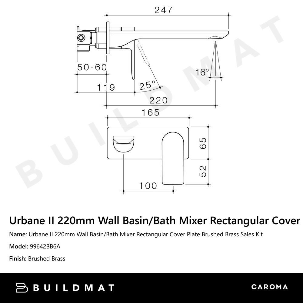 Urbane II 220mm Wall Basin/Bath Mixer Rectangular Cover Plate Brushed Brass Sales Kit