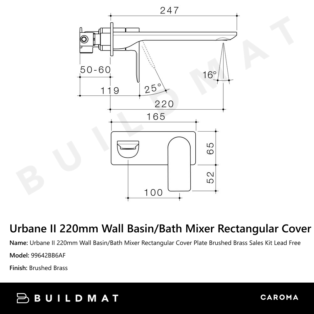 Urbane II 220mm Wall Basin/Bath Mixer Rectangular Cover Plate Brushed Brass Sales Kit Lead Free