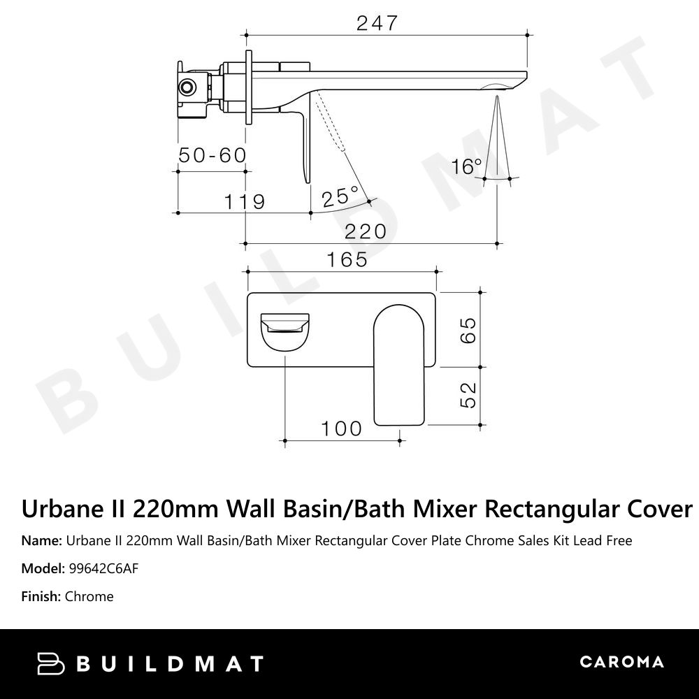 Urbane II 220mm Wall Basin/Bath Mixer Rectangular Cover Plate Chrome Sales Kit Lead Free