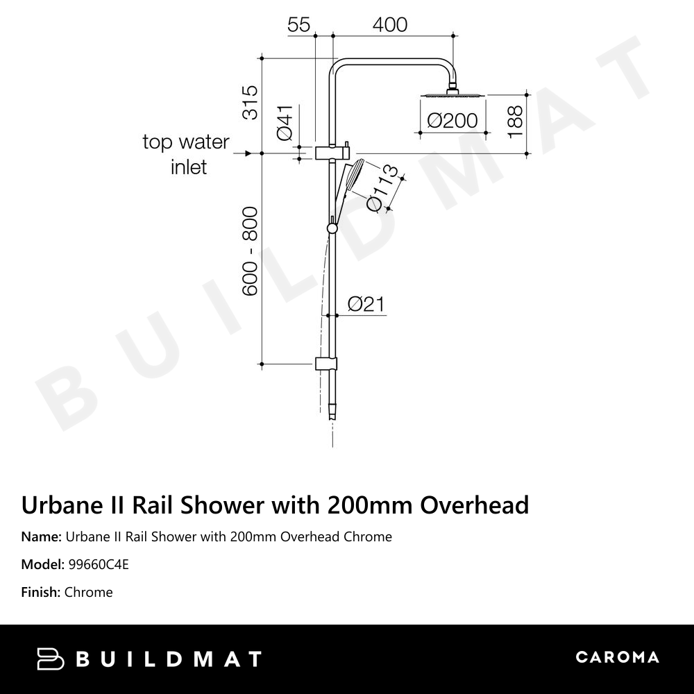 Urbane II Rail Shower with 200mm Overhead Chrome