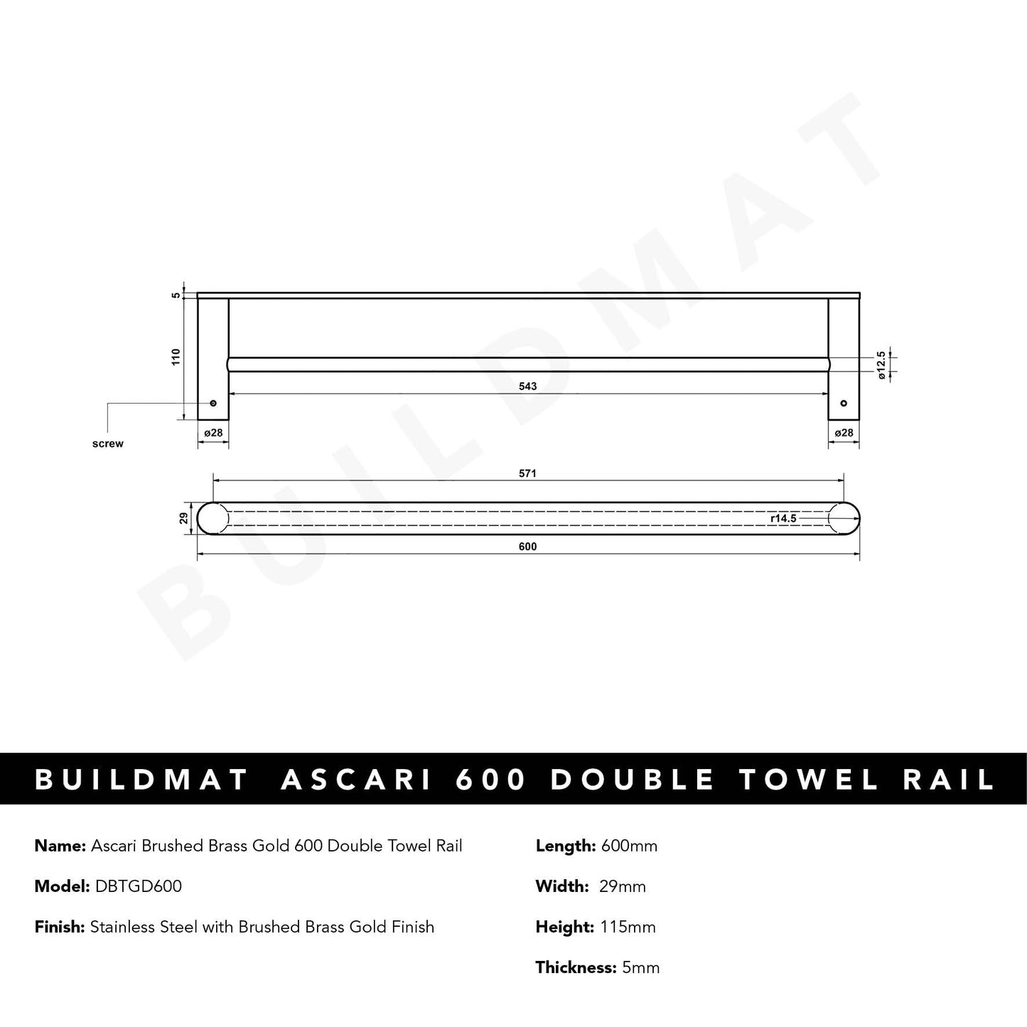 Ascari Brushed Brass Gold 600 Double Towel Rail