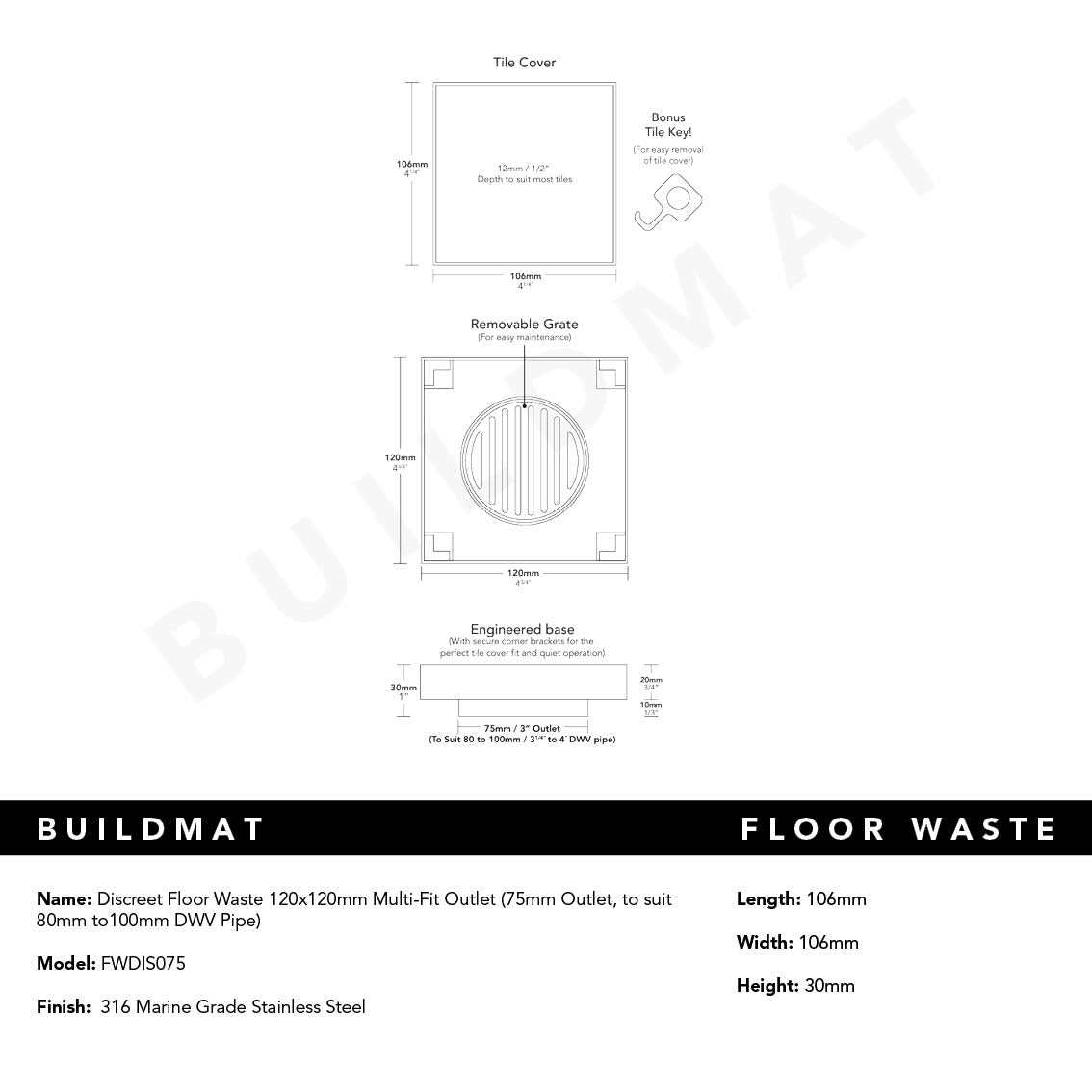 120x120mm Discreet Floor Waste Multi-Fit Outlet