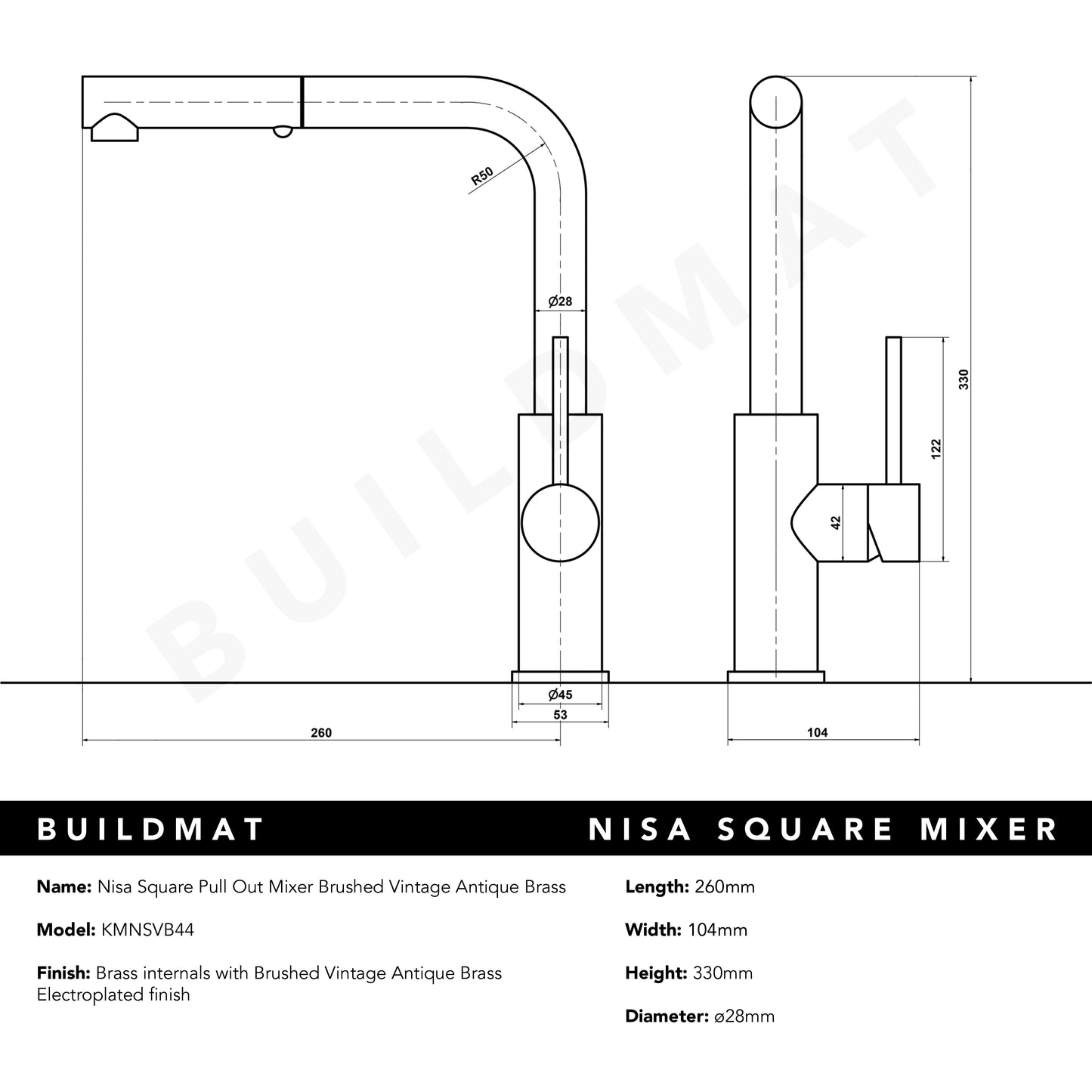 Nisa Square Pull Out Mixer Brushed Vintage Antique Brass