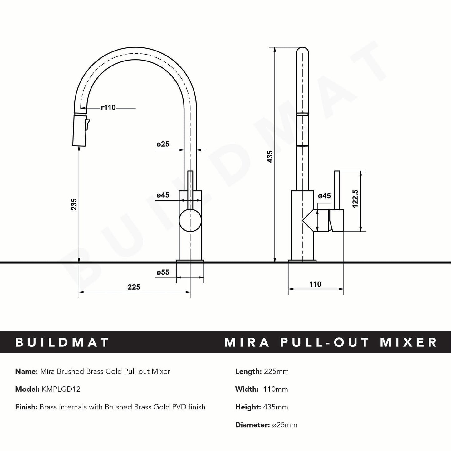 Mira Brushed Brass Gold Pull Out Mixer