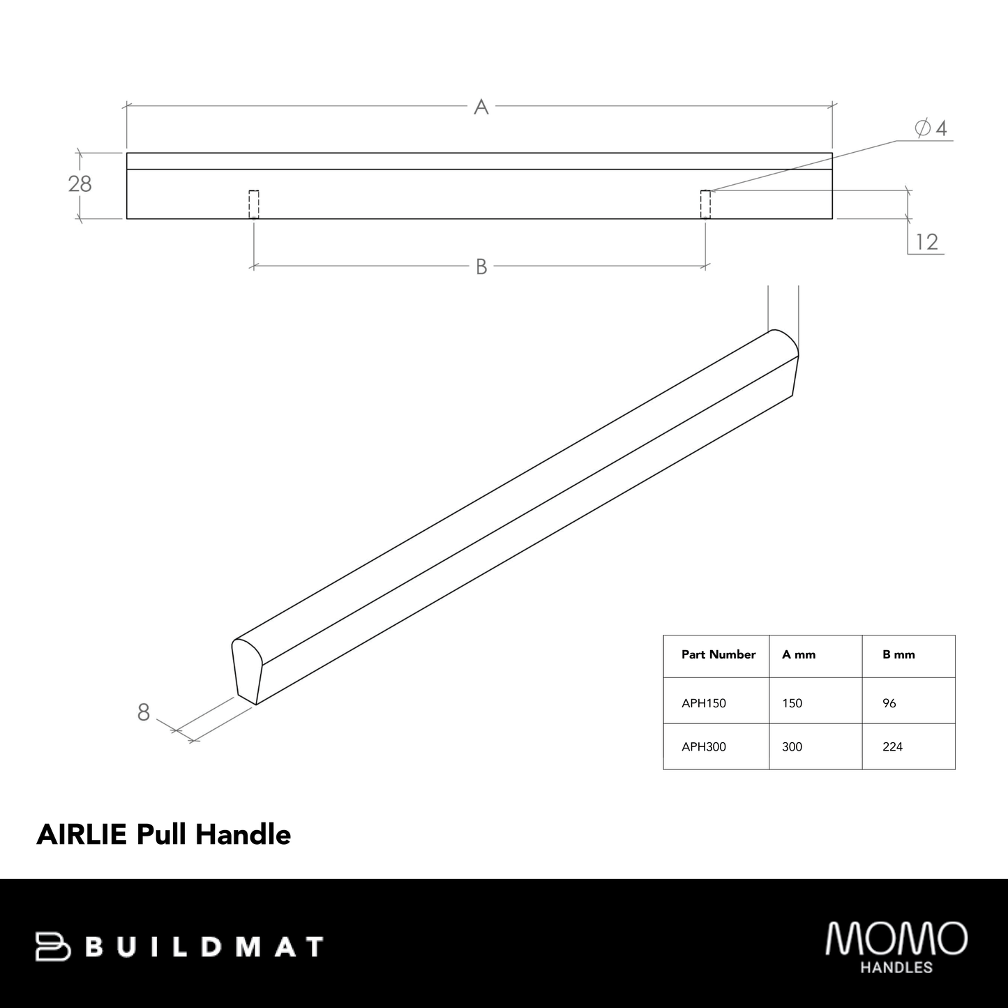 Momo Airlie Timber Pull Handle 300mm Raw American Oak