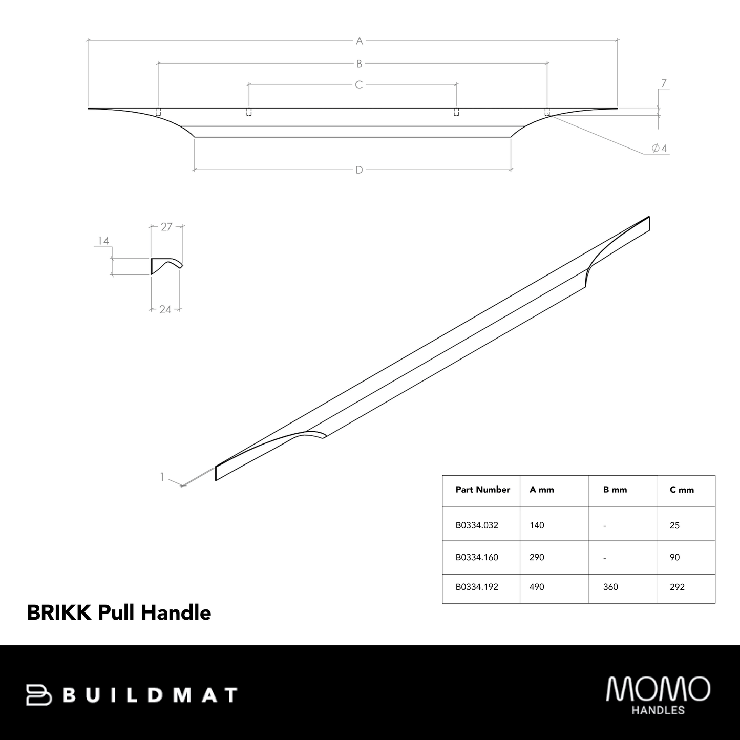 Momo Brikk Pull Handle 192mm Dull Brushed Nickel