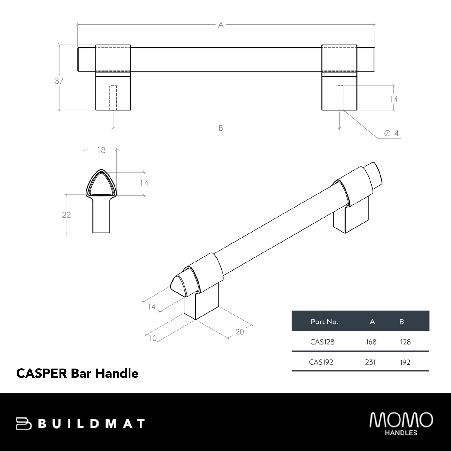 Momo Casper Bar Handle 128mm Polished Nickel