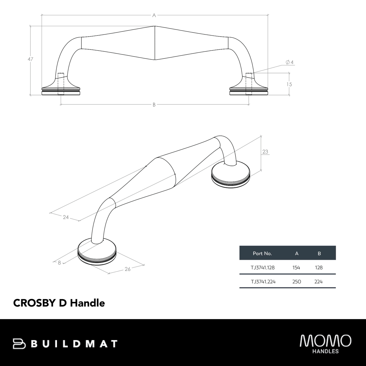 Momo Crosby D Handle 224mm Pewter