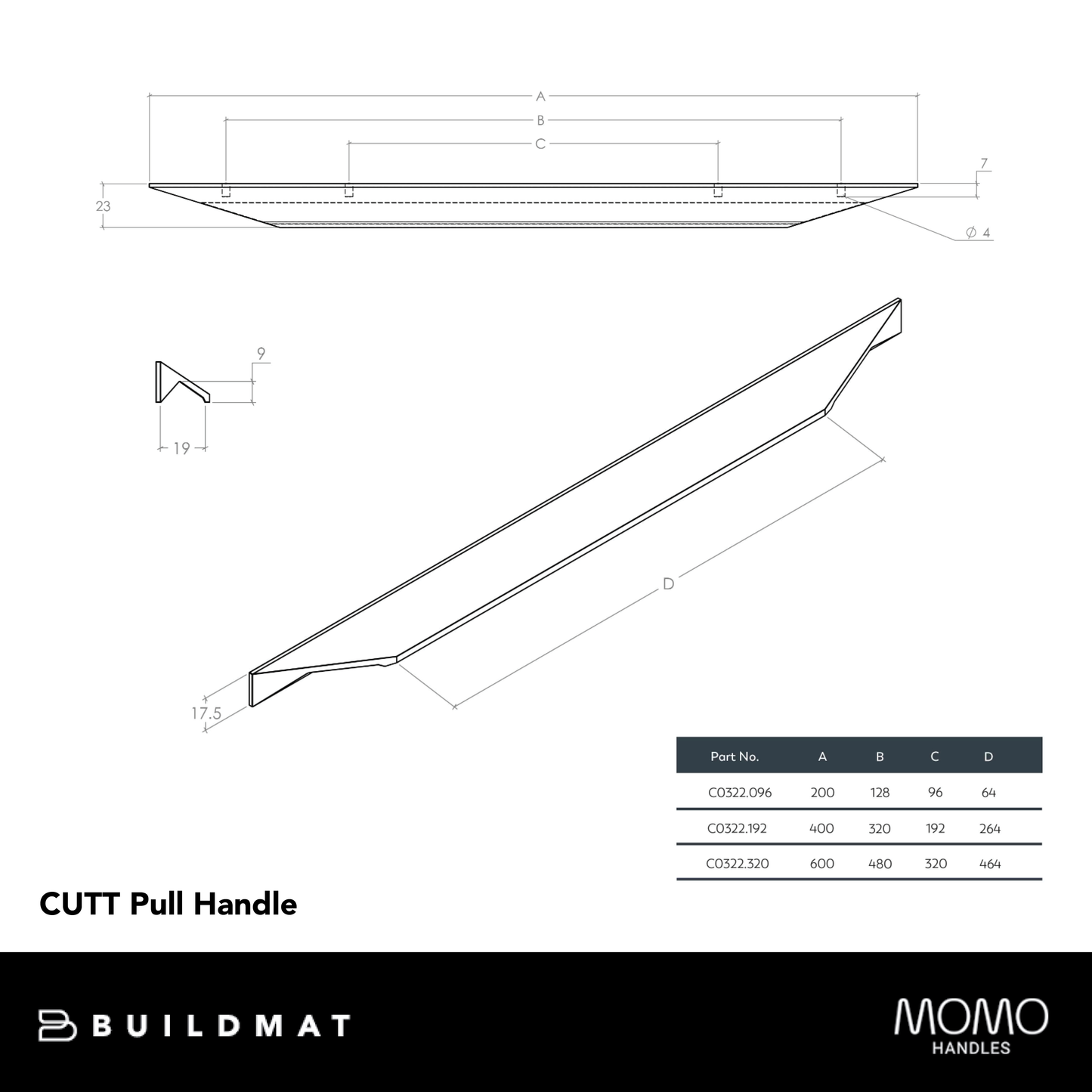 Momo Cutt Pull Handle 192mm Matte Black