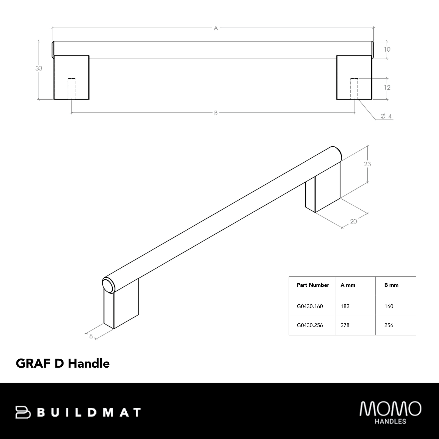 Momo Graf Knurled D Handle 160mm Dull Brushed Nickel