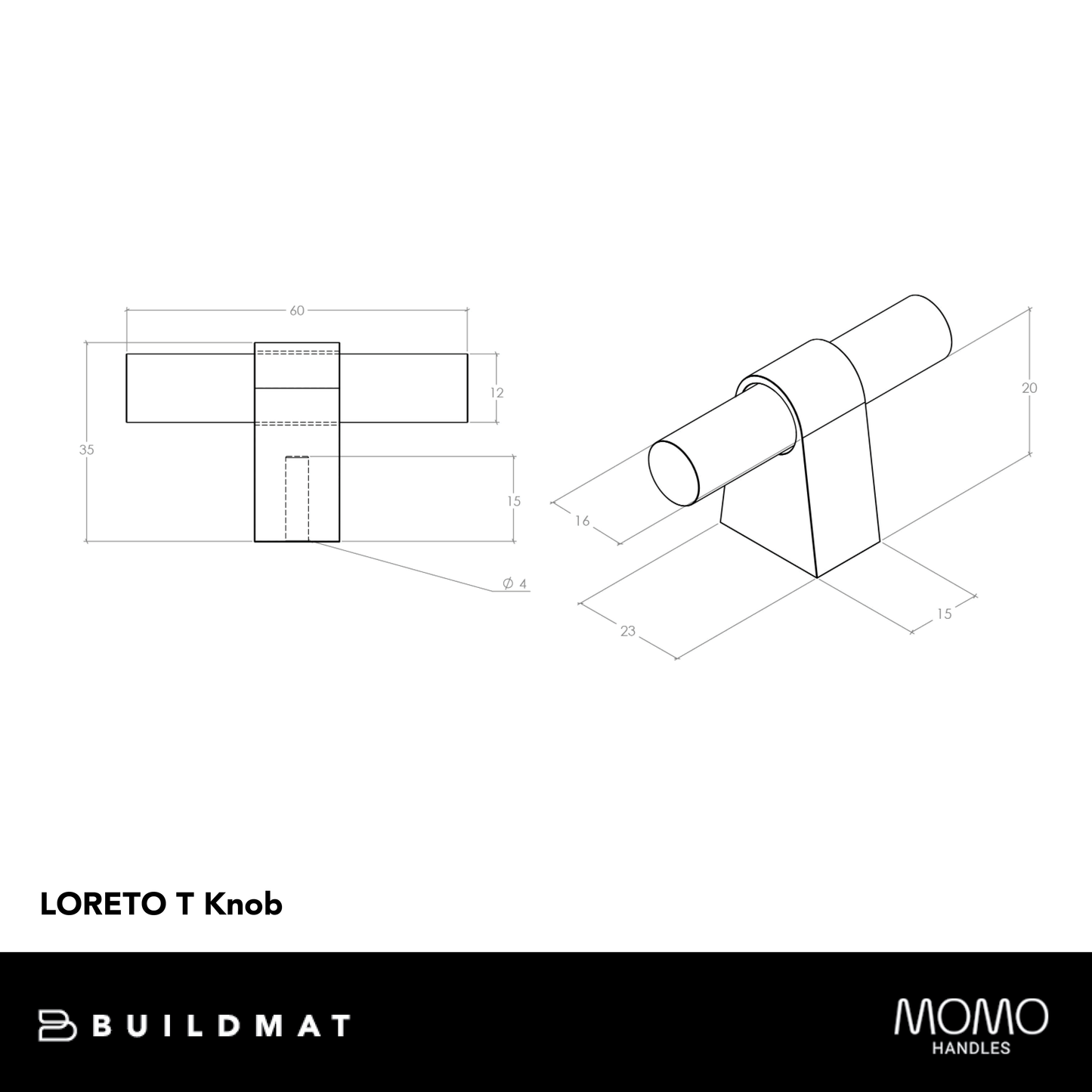 Momo Loreto T Knob 60mm Brushed Matte Brass