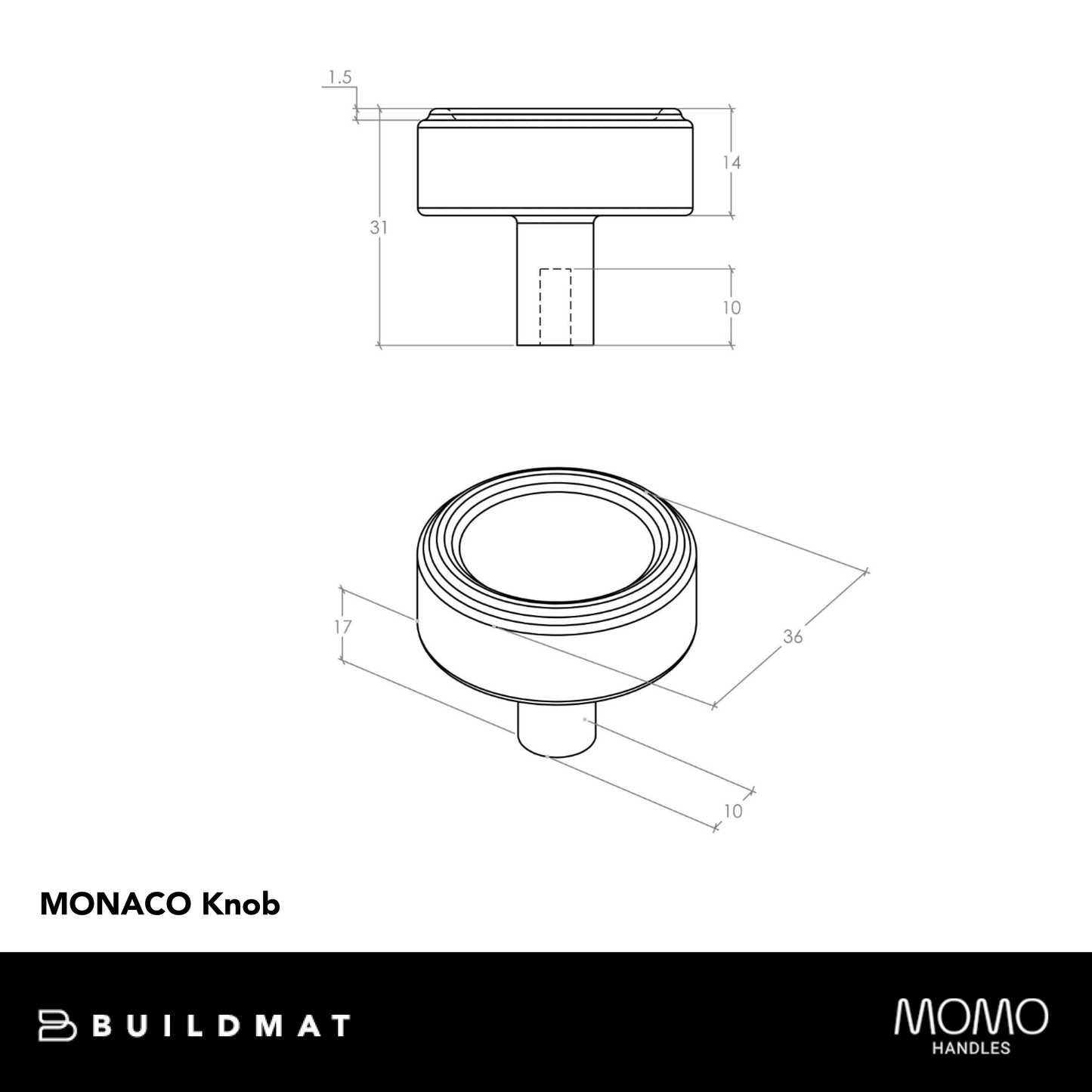 Momo Monaco 36mm Round Knob Matte Black