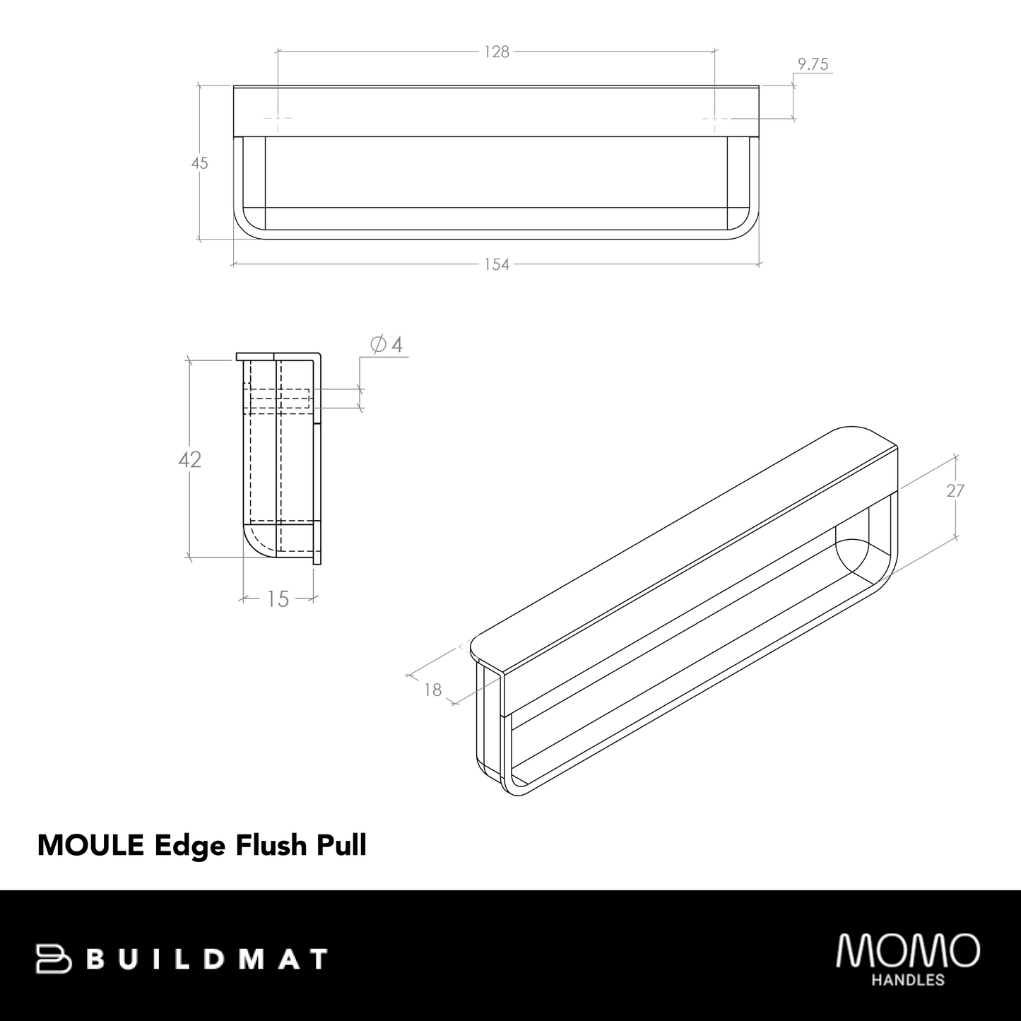 Momo Moule Edge Flush Pull 128mm Matte Black