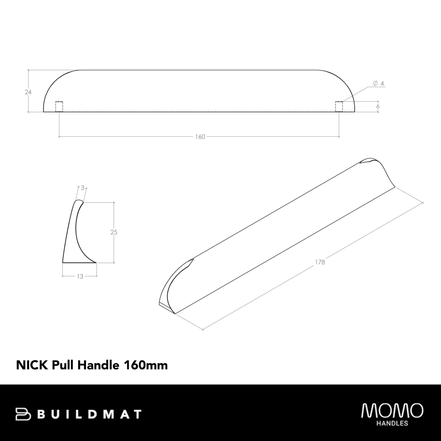 Momo Nick Pull Handle 160mm Brushed Matte Brass