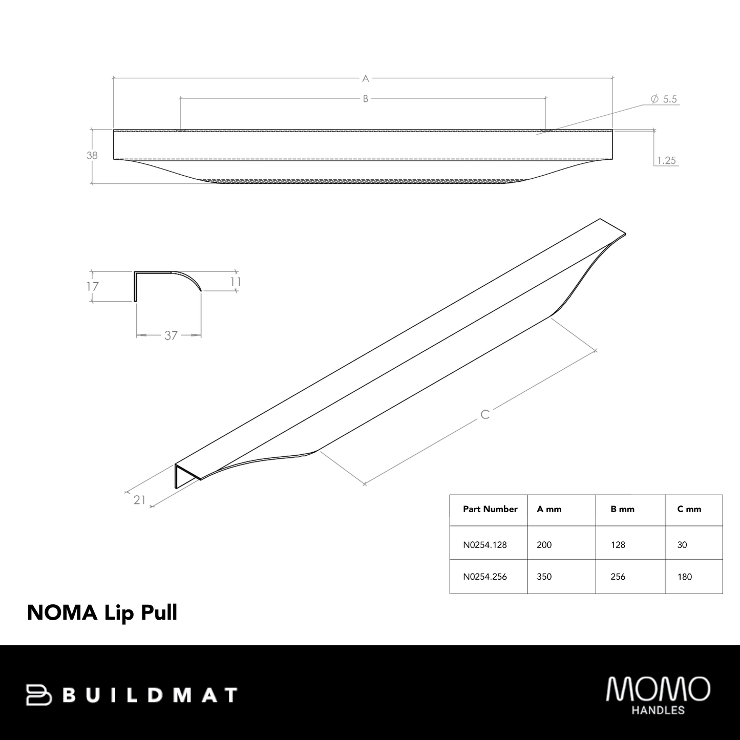 Momo Noma Lip Pull Handle 256mm Brushed Dark Brass