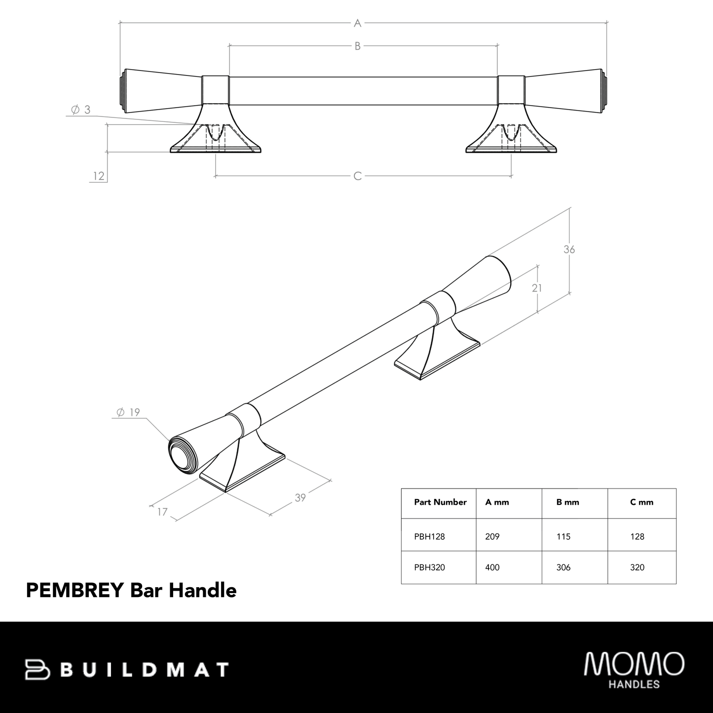 Momo Pembrey Bar Handle 128mm Matte Black