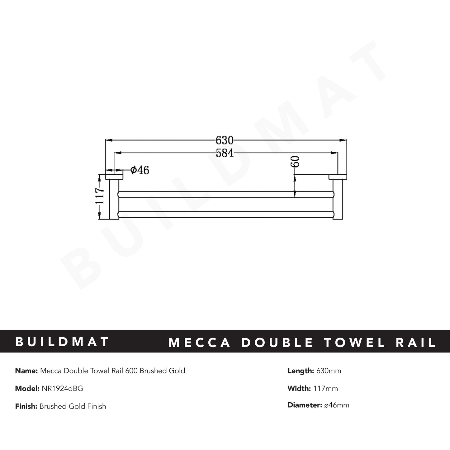 Mecca Double Towel Rail 600mm Brushed Gold