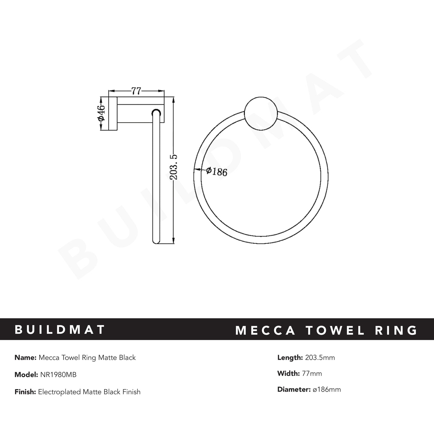 Mecca Hand Towel Ring Matte Black