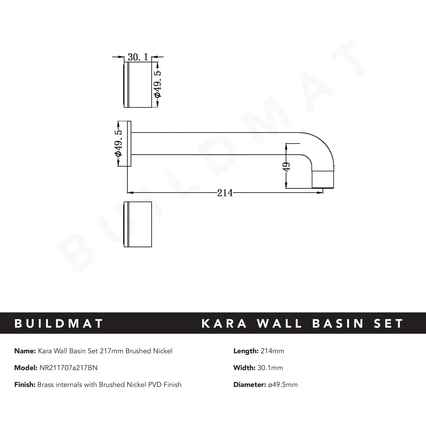 Kara Wall Basin Set 217mm Brushed Nickel