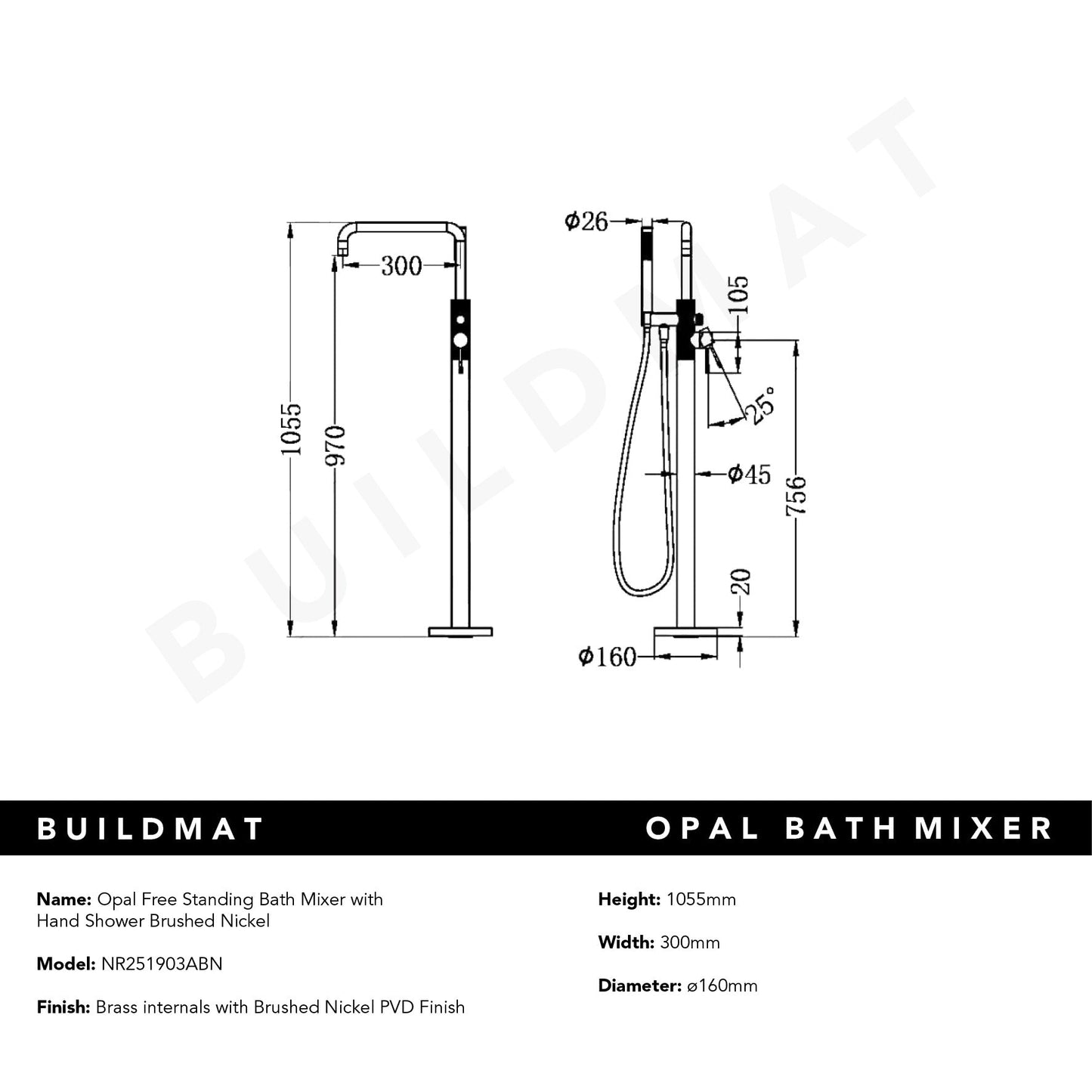 Opal Free Standing Bath Mixer with Hand Shower Brushed Nickel