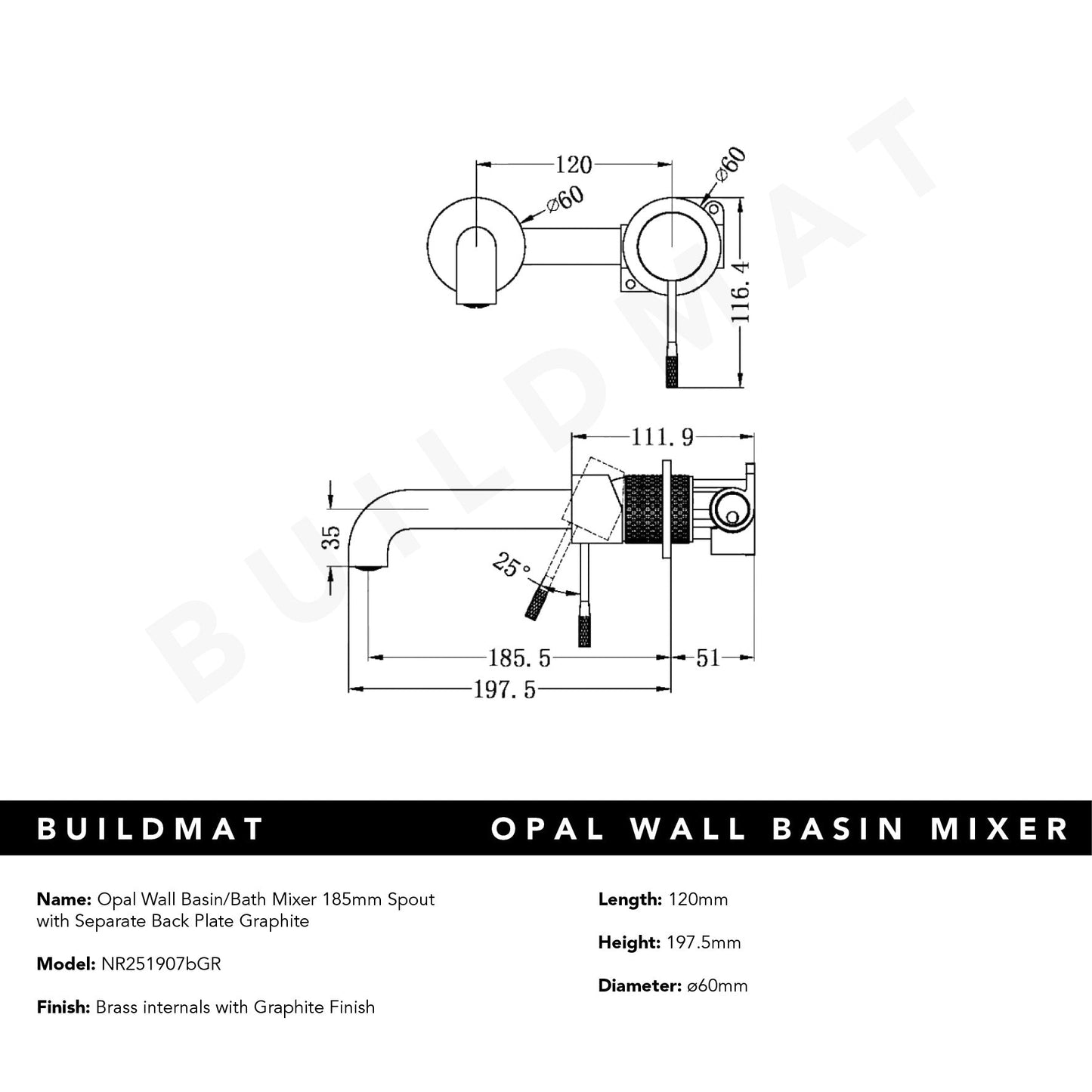 Opal Wall Basin/Bath Mixer 185mm Spout With Separate Back Plate Graphite