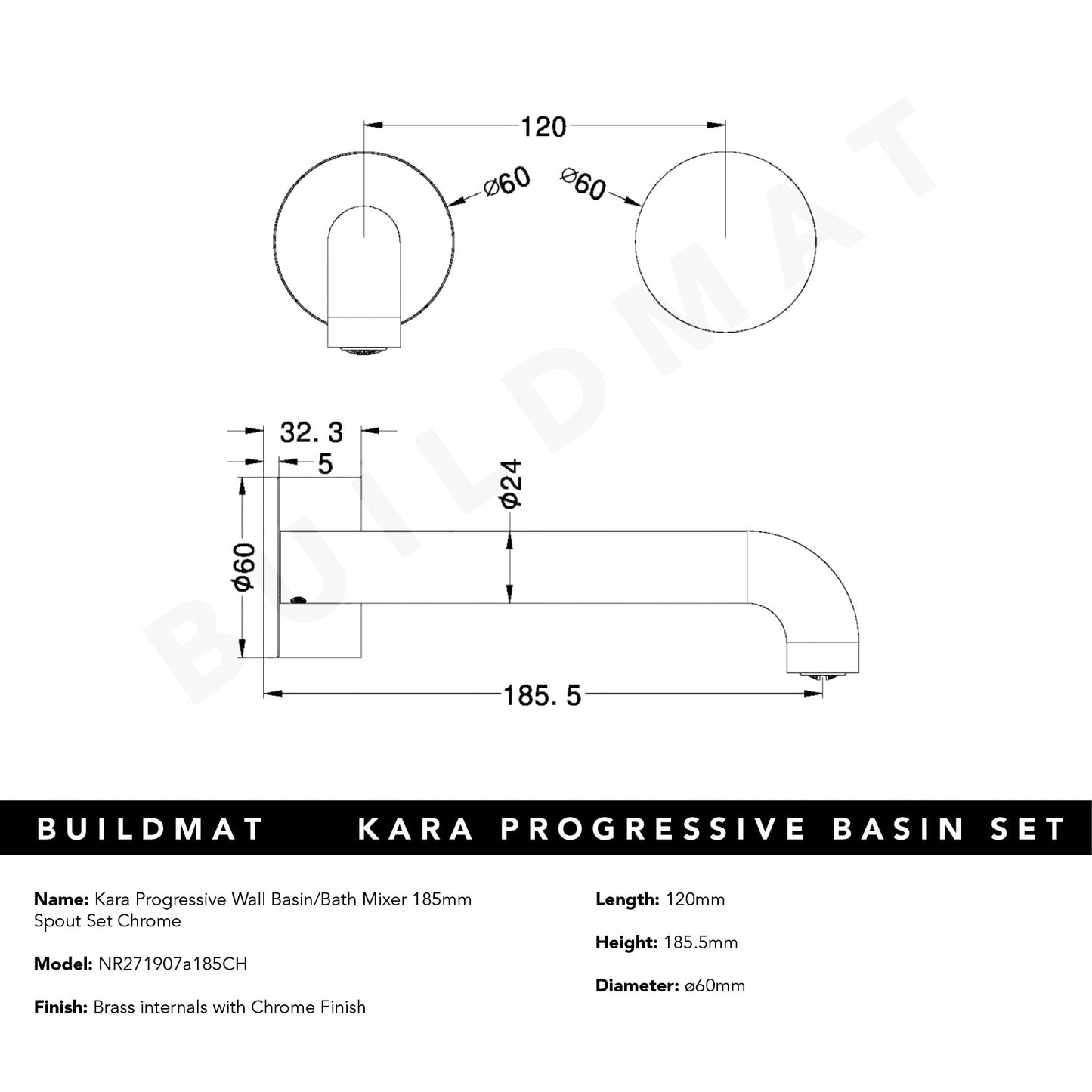 Kara Progressive Wall Basin/Bath Set 185mm Chrome